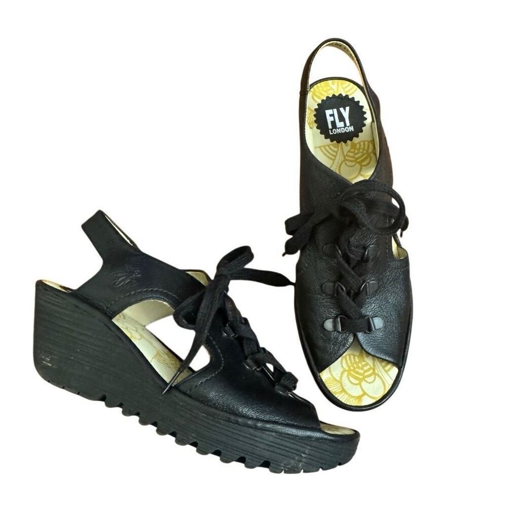 FLY London Yifi Black Leather Lace Up Wedge Sandals Size 40 = US 9 - 9.5